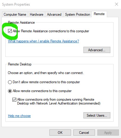An image showing the Allow Remote Assistance connections to this computer check box and its other options