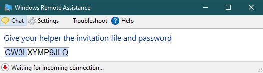 A photo displaying the dialog of Microsoft Remote Assistance suggesting to Give your helper the invitation file and password