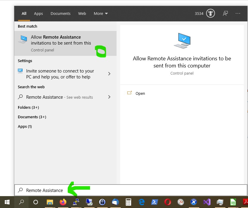 An image showing how to find and access Microsoft Windows Remote Assistance options
